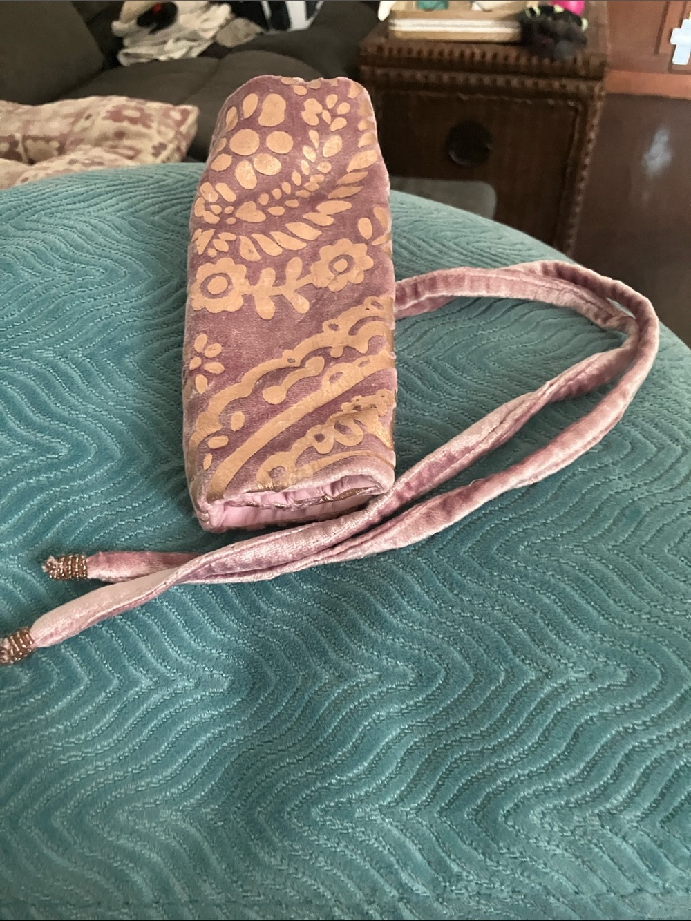 Velvet Mauve Drawstring Shoulder Bag with Gold Floral Print